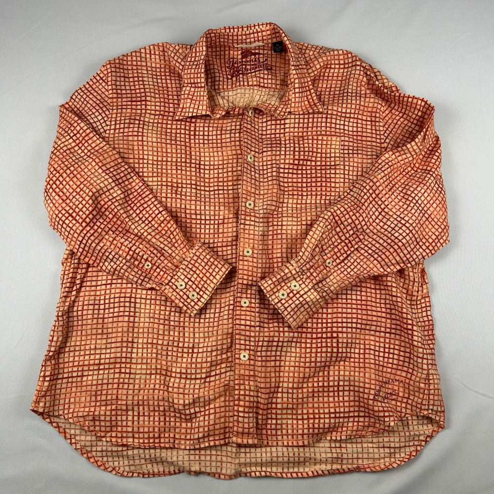 Tommy Bahama Relax Mens XXL Orange Red Grid 100% Linen Long Sleeve Button Shirt